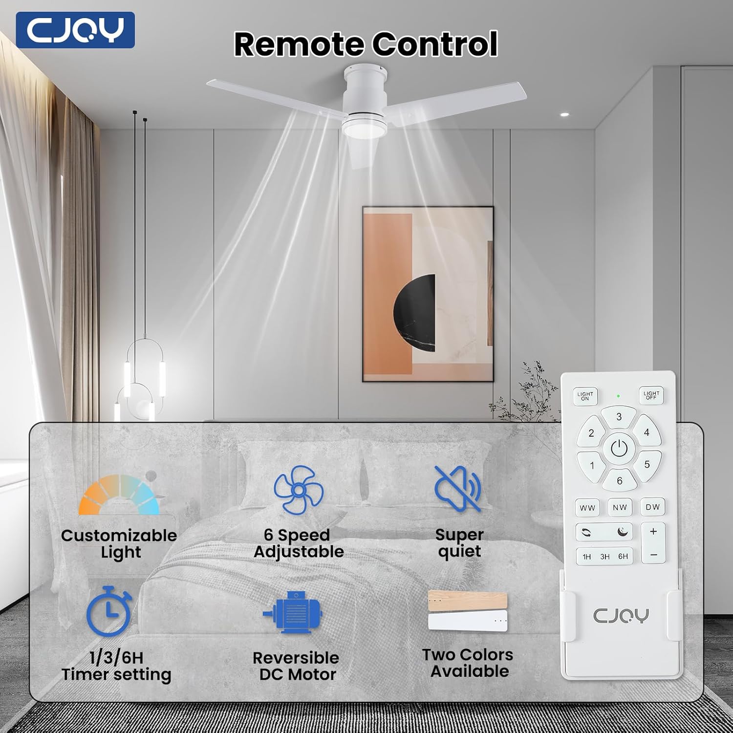 CJOY Ceiling Fan with Lights, 48 Inch Low Profile Ceiling Fans with Light and Remote, Reversible DC, Flush Mount, 3CCT，Dimmable, Modern Indoor/Outdoor Design for Bedroom, Living Room, Patio, Kitchen