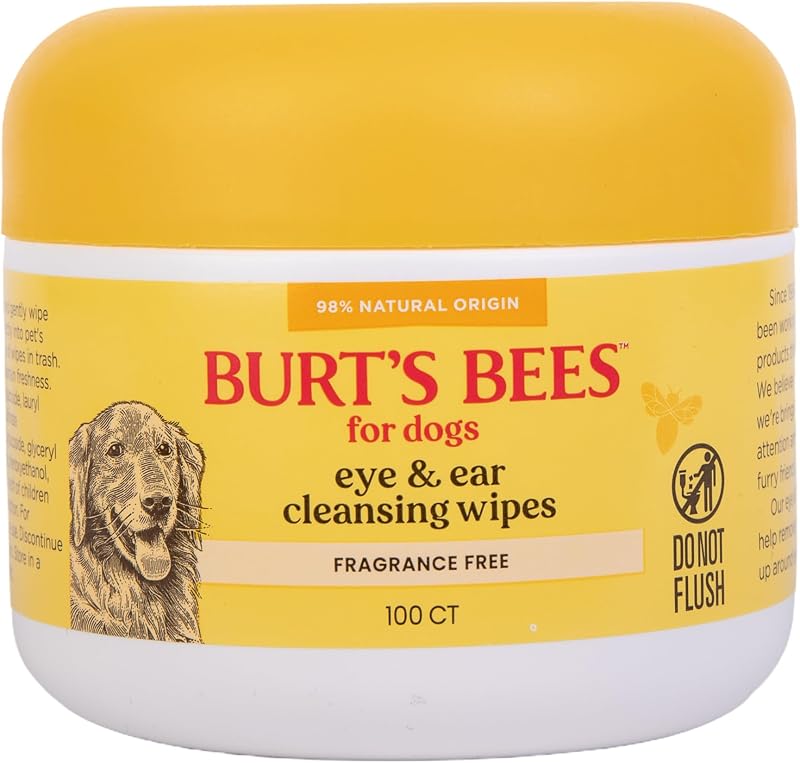 Burts Bees for Pets Eye and Ear Cleansing Wipes, Fragrance-Free, 100 Count | 98% natural origin, fragrance-free formula, tear stain and ear build-up removal, daily use