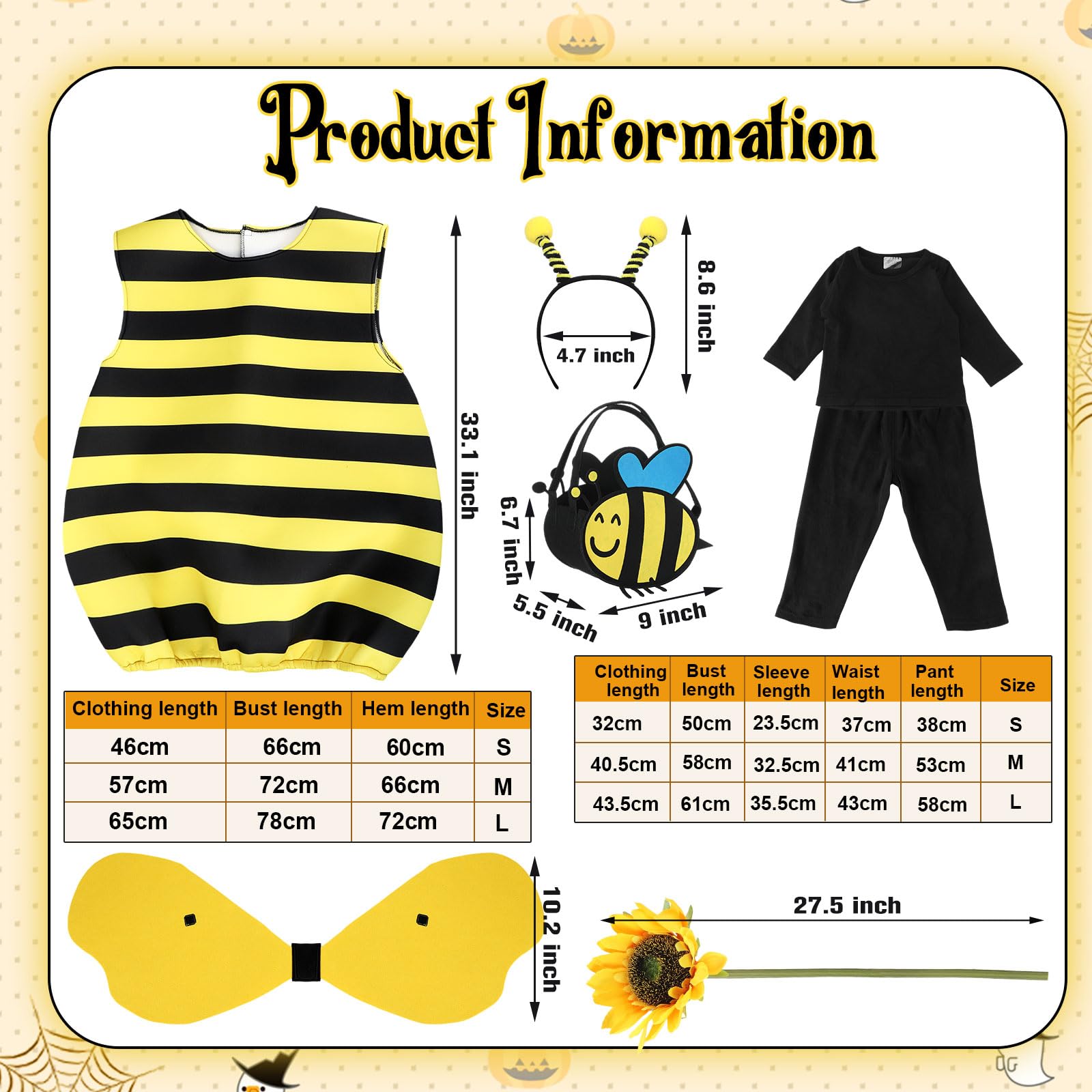 Vabean Bee Costume Long Clothes Pants Bee Antenna Headband Basket Sunflower Cosplay for Toddler Kids (0-6 Months)