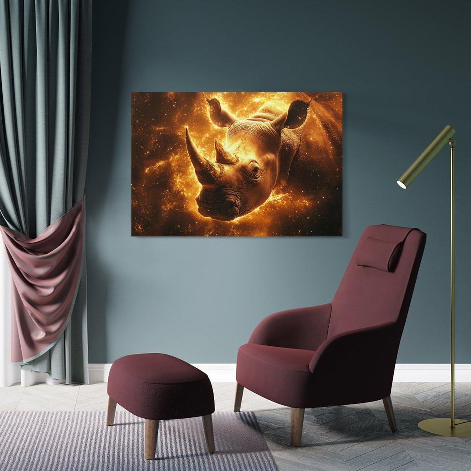 Junmoney Golden Rhino in Cosmic Dust Hanging Wall Art, 20x30inch(50x75cm), for Entryway, Lounge Links Or Small Walls, Home Artwork for First Impressions