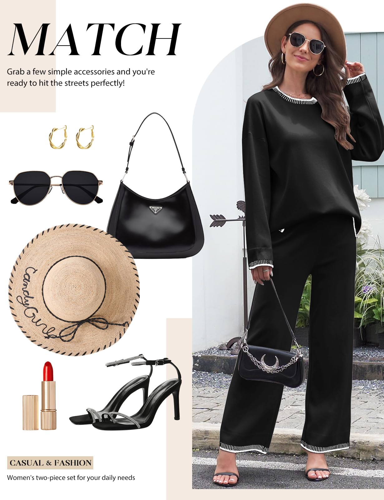 TOMEEK Completo Tuta Donna Elegante Sportiva 2 Pezzi in Maglia Set di Pantaloni Maniche Lunghe Girocollo Larga e Maglione Casual Pullover Top Tuta da Casa Jogging