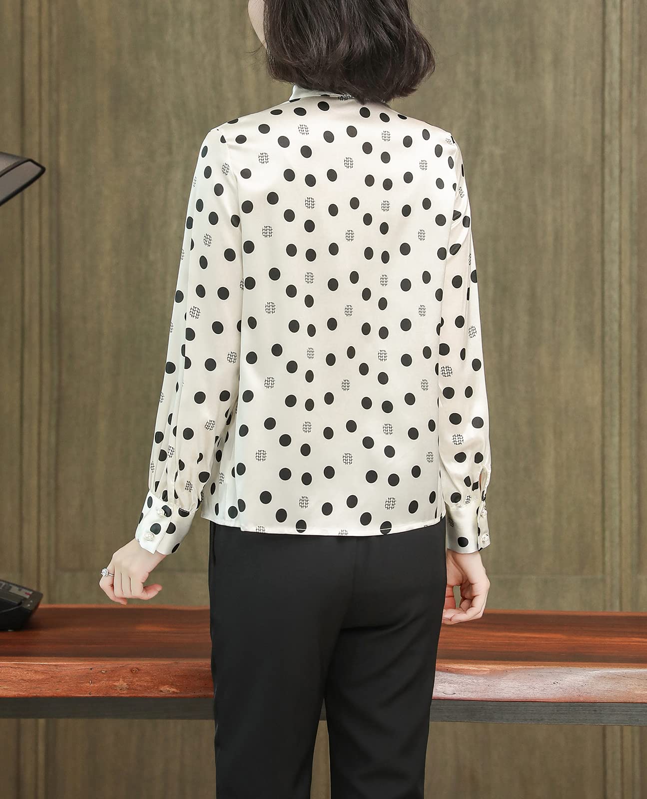 Valin Blusa de seda para mujer con estampado de puente, blusa de manga larga con cuello en V, blusa de seda, S3517