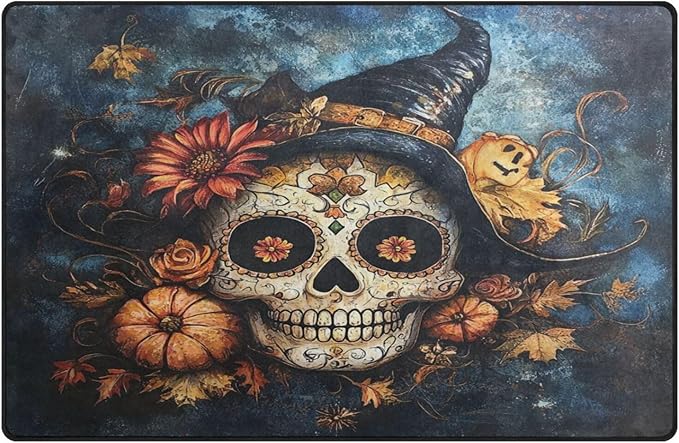 ALAZA Sugar Skull Pumpkins Floor Mat Rectangle Non-Slip Absorbent Floor Mat for Living Room Bedroom Study Room,31 x 20 inches