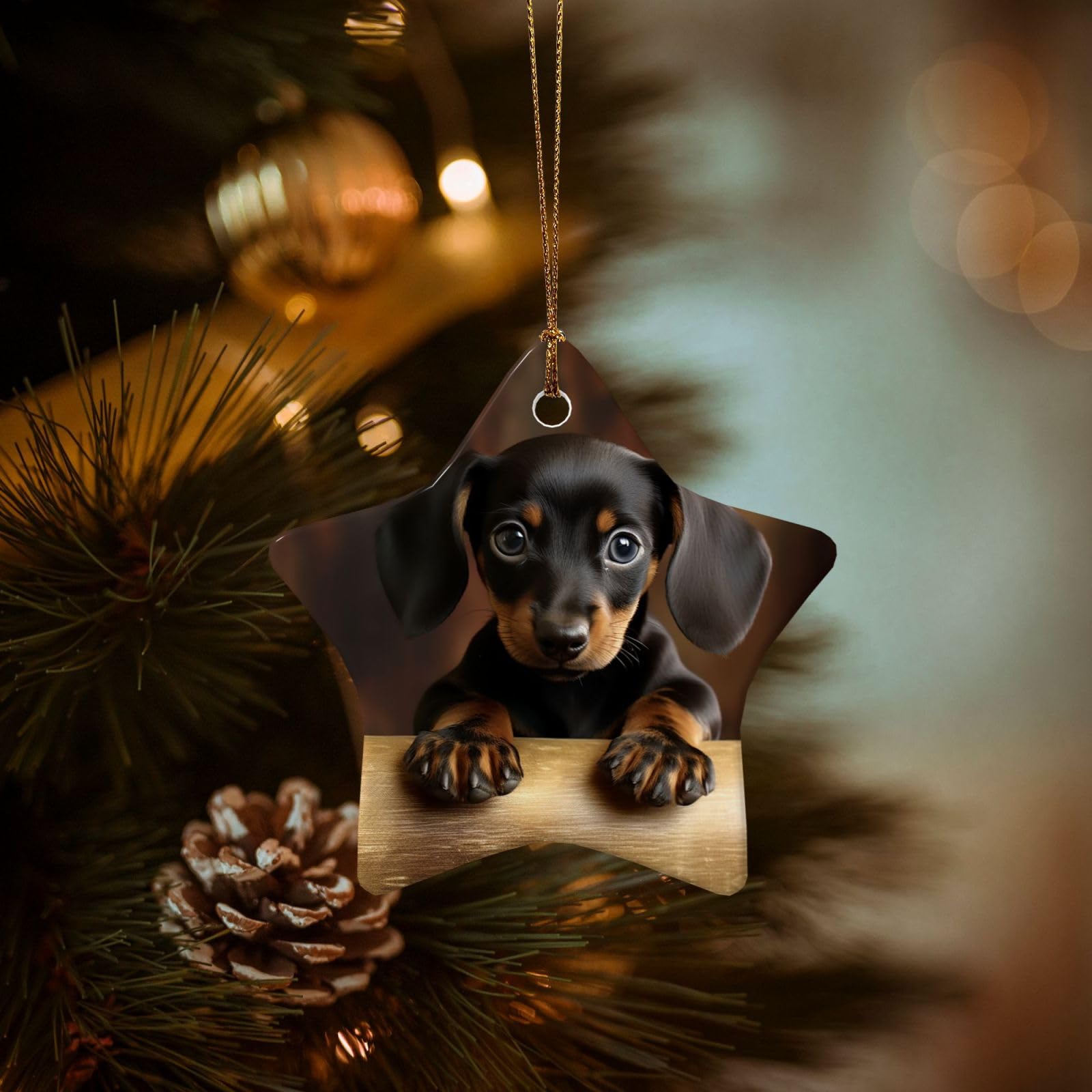 Christmas Ornaments for Christmas Tree Decoration Hanging Dog Dachshund Ornament with Gold Ribbon Crafts Star Shape Ceramic Pendant for Keepsake Gifts Xmas Decor Party Supplies