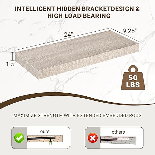 Miniatura 3 de Estantes flotantes de 24 pulgadas, grano de madera con textura 3D, estantes flotantes de 24 x 9.25 x 1.5 pulgadas de profundidad para pared,