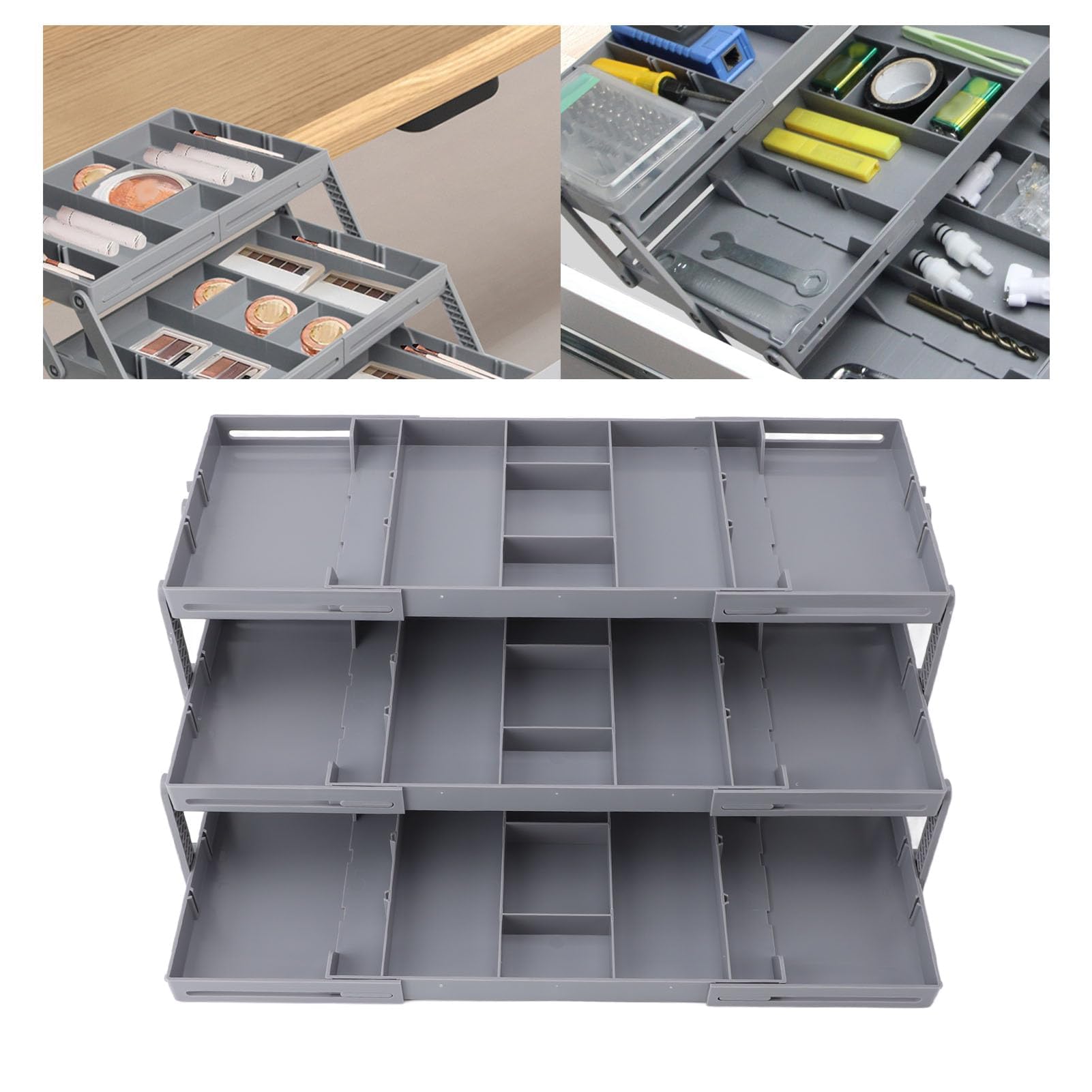 Organizador de Cajón Expandible de Plástico 3 Niveles Plegable para Maquillaje Joyería, Almacenamiento Ahorra Espacio para Baño Cocina Oficina, Una Ajustable para Accesorios
