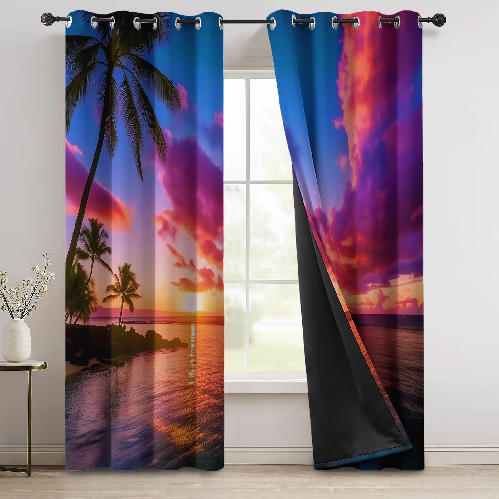 140L X 260H cm (2 Panneaux) Rideau Occultant Thermiques à Oeillets pour Chambre, Rose Orange Motif Paysage Plage Nuages Coucher De Soleil Rideaux Salon pour Chambre Enfant Fille Garcon Rideau