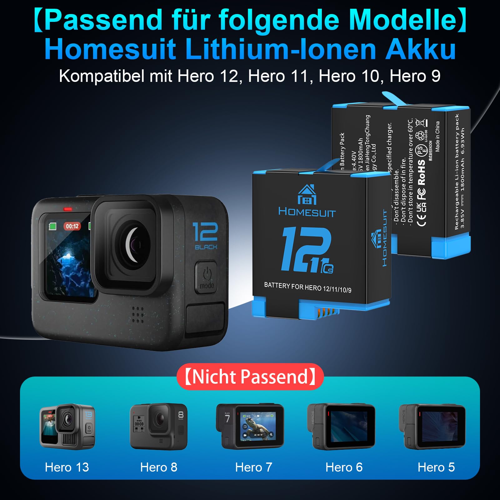 Homesuit Hero 12 11 10 9 akumulator 1800 mAh i 3-kanałowa ładowarka LED USB zestaw z typem C do GoproHero12Black, GoproHero11Black, GoproHero10Black, GoproHero9Black (2 sztuki)