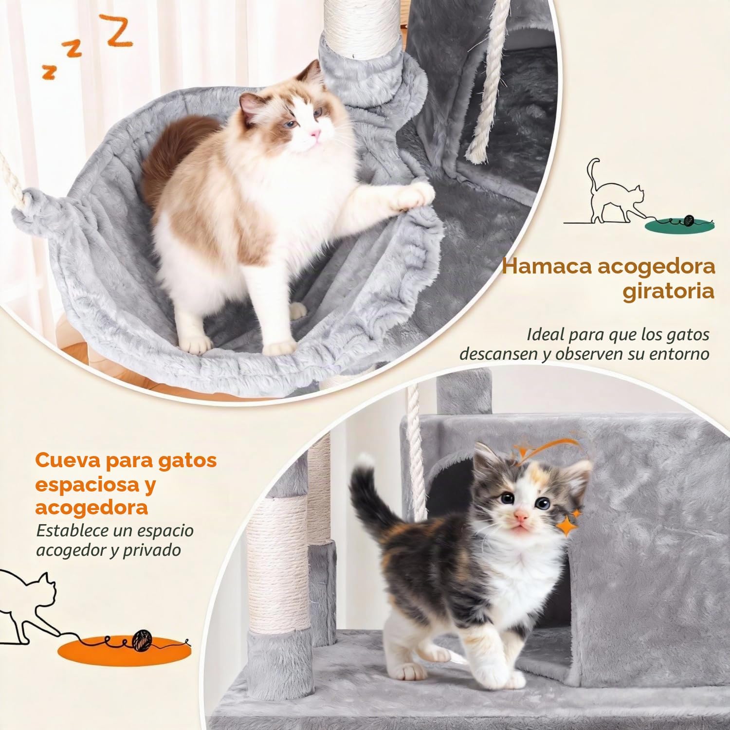 Nobleza Rascador para Gatos Grande 168cm, Arbol Rascador para Gatos con 9 Postes de Sisal, 2 Nidos, Hamaca y Pompón, Gris