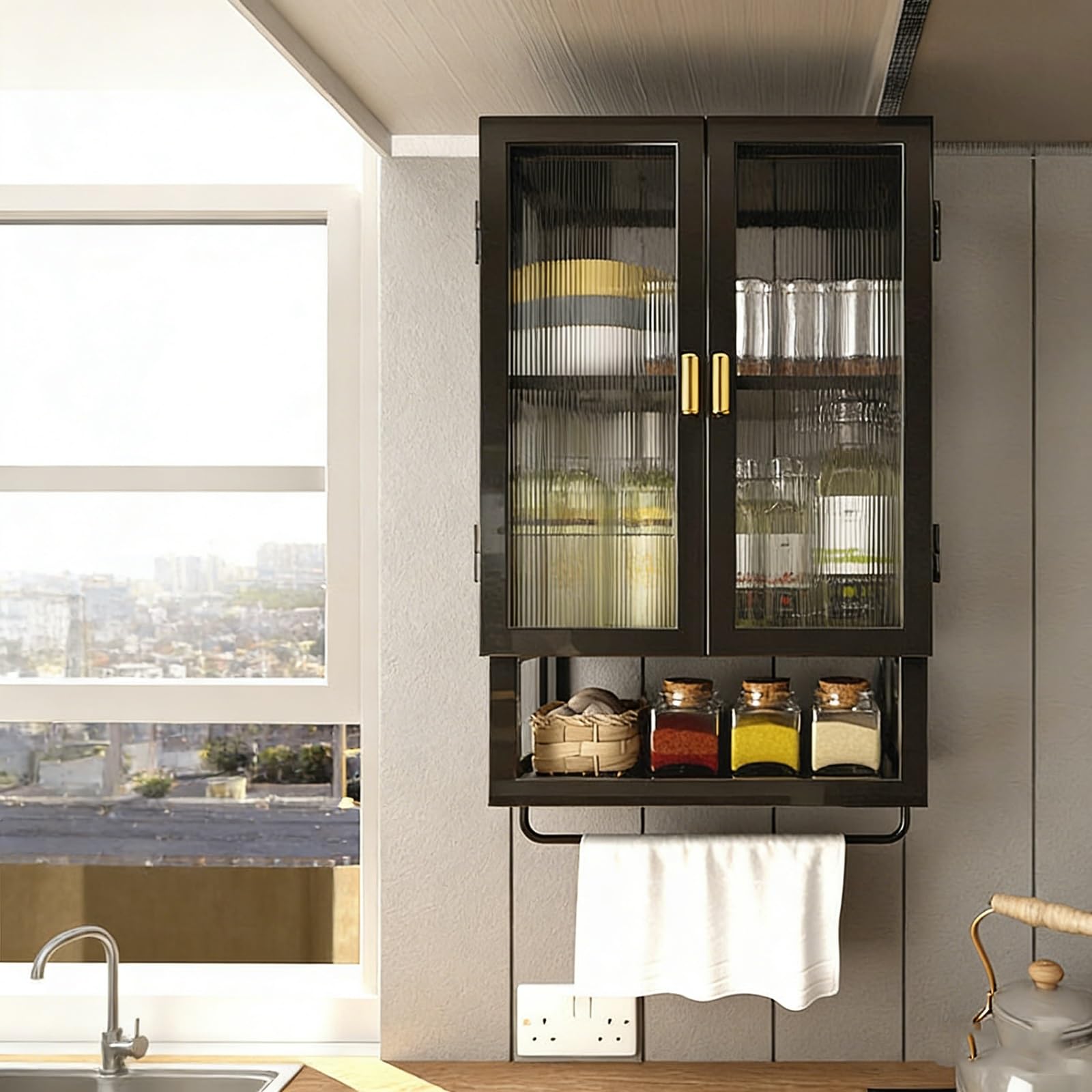 Armario de baño de acero al carbono con puertas estriadas y toallero elegante