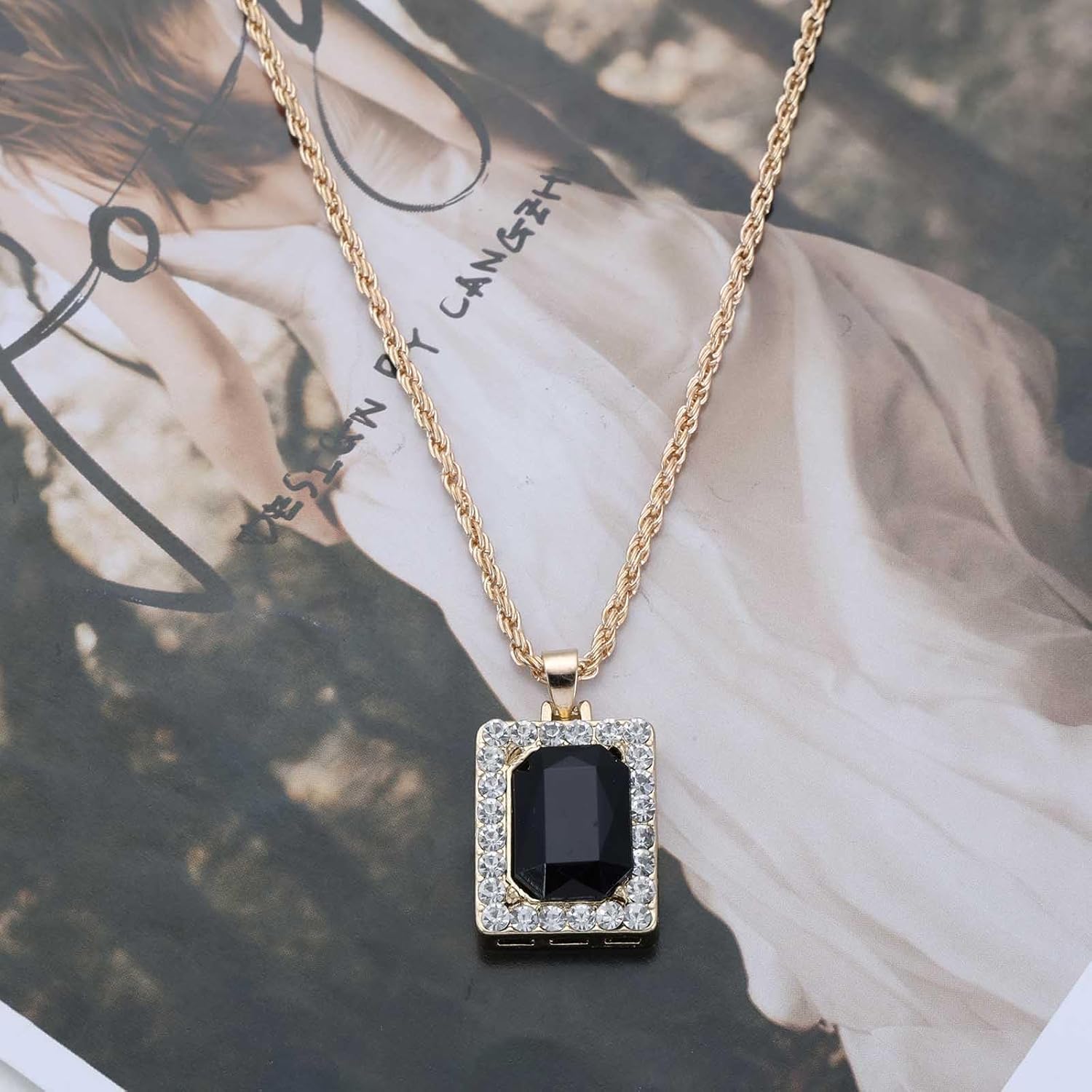 Square Crystal Necklace Black Onyx Pendant Necklace Squares Gemstone Choker Necklaces Onyx Crystal Chain Necklaces Thanksgiving Jewelry for Women - Image 3