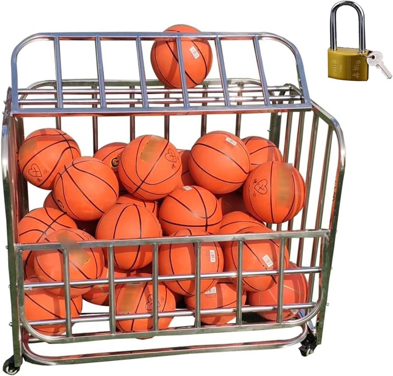 Lockable Ball Rack Storage Cart - Rolling Metal Sports Ball Organizer for Indoor/Outdoor Use, Perfect Basketball & Exercise Ball Holder for Gym, School, & Club
