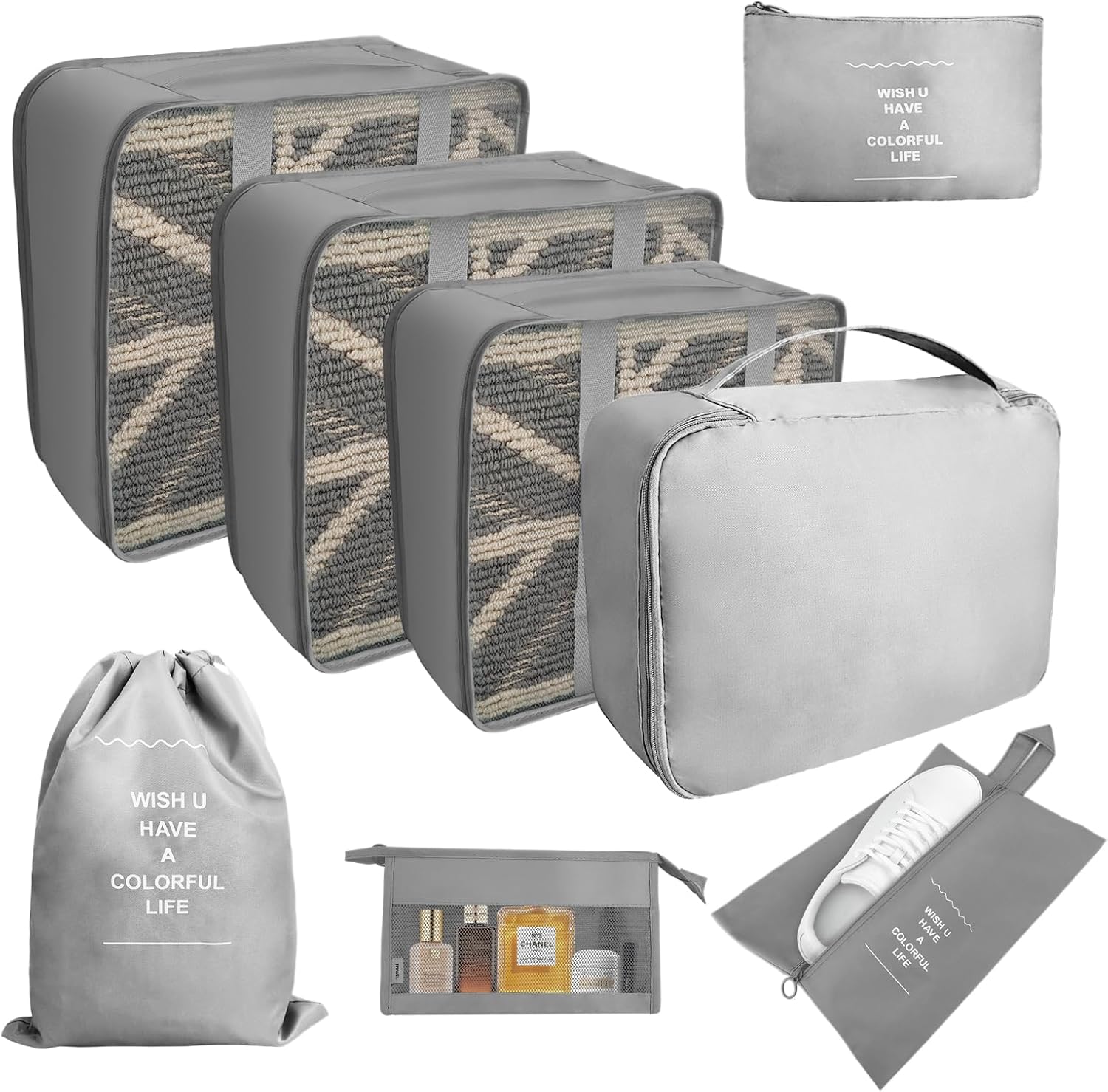 DAWNTREES Packing Cubes for Travel, Luggage Suitcase Organizer with Shoe Bag, Cosmetics Bag, Travel Accessories Made with Wearable Waterproof Fabric