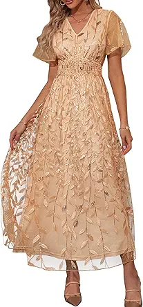 BerryGo Women's Sequin Floral Embroidery Short Sleeve Wedding Party Prom Evening Dress Mother of The Bride Dresses