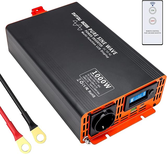 DATOUBOSS Przetwornica czystej fali sinusoidalnej 1000 W 12 V na 230 V z wyświetlaczem LCD, 1 gniazdem UE, USB, gniazdem typu C i pilotem do przyczep kempingowych i ciężarówek