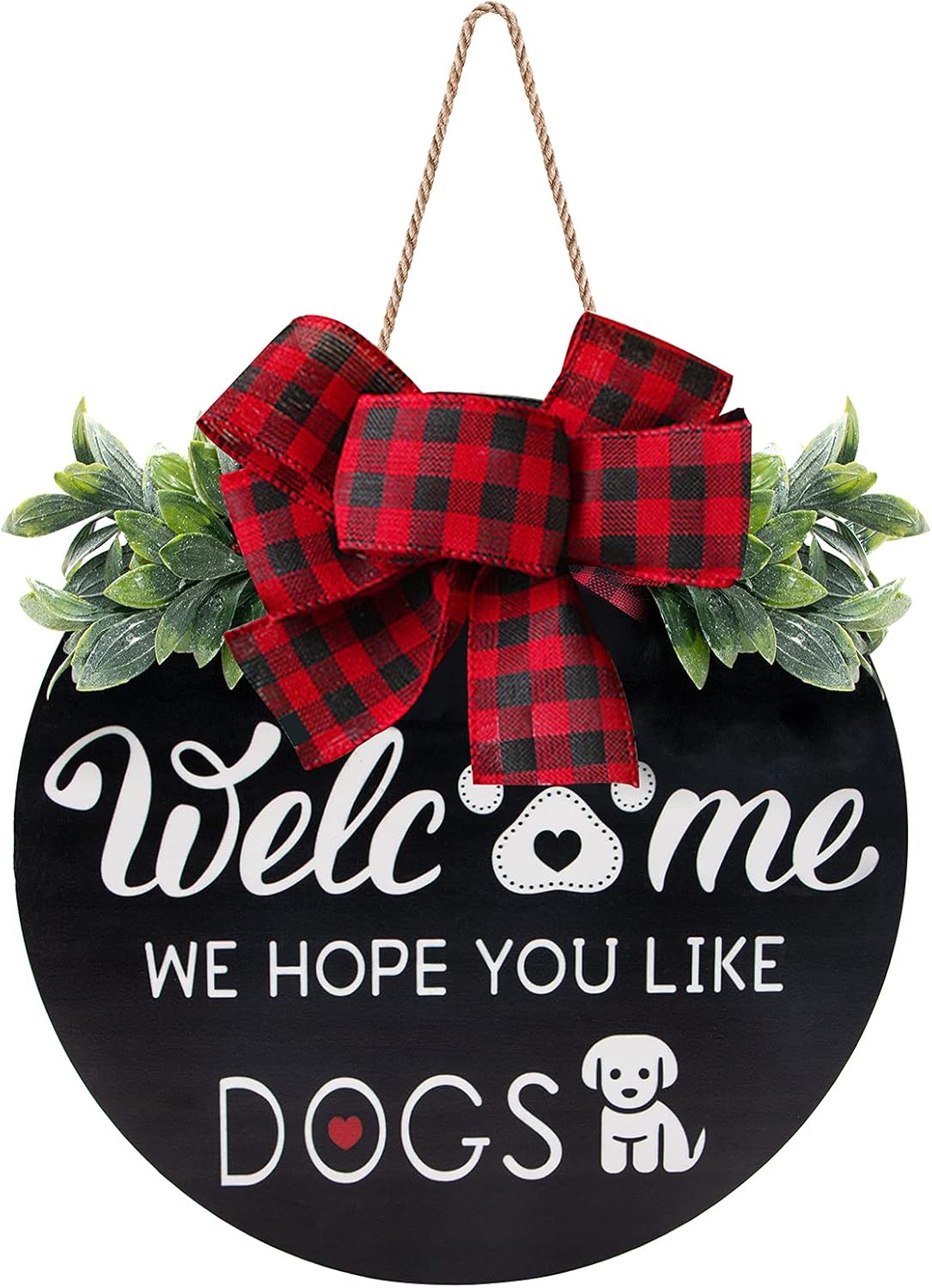 Wreath with Welcome Sign for Front Porch Decor,Front Door Wreath with Premium Greenery - We Hope You Like Dogs - Sign for Dogs Lovers,Best Housewarming and Party Holiday Gift Decoration (black)