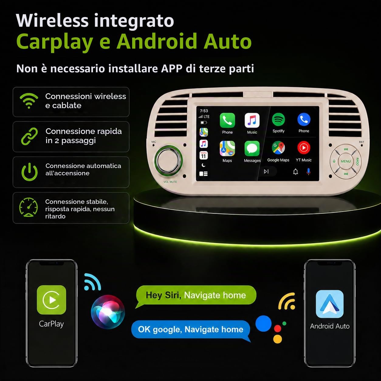 Autoradio Thihphoatli 1DIN Wireless CarPlay DSP RDS per FIAT 500 2007-2015 | Sistema Linux,avvio rapido 2s,Plug&Play,Bluetooth,CANBUS,comandi volante originali,schermo supporto telecamera posteriore