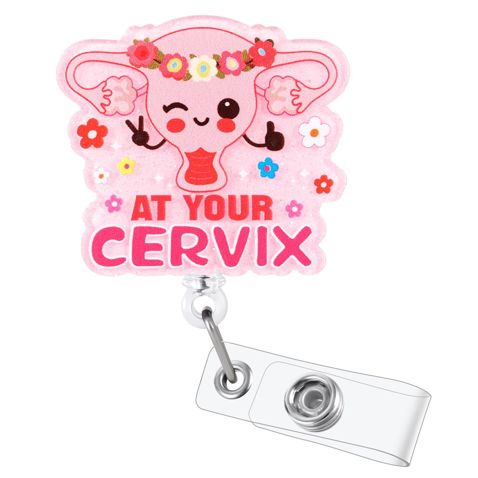 at Your Cervix Floral Uterus Funny Nurse Badge Reel, Pink Cute Fertility Retractable ID Card Badge Holder, Gynecology Ovaries Name Tag Badge Clip for RN CNM L&D OB/GYN Obstetric Nurse Nursing Student