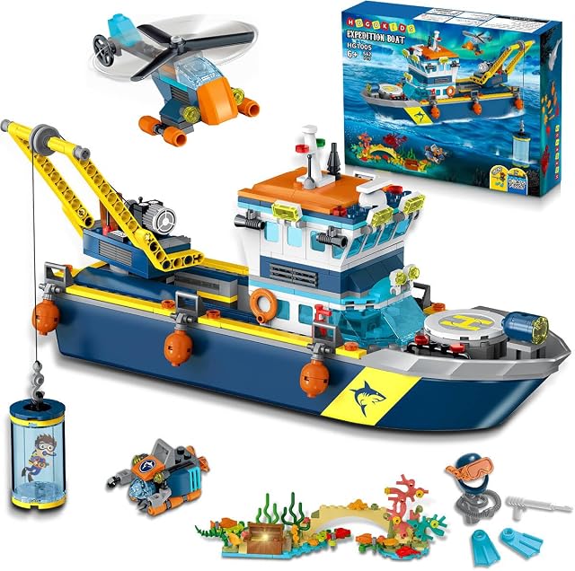 HOGOKIDS City Floatable Boat Building Set with LED Light for 6+ Boys Kids | Fun Arctic Explorer Ship Building Block Kits Toys Ocean Exploration with Helicopter, Sub, Shark Cage Birthday Gift for Girls