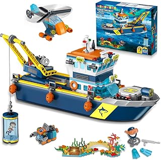 HOGOKIDS City Floating Boat Construction Kit with LED Light - Fun Arctic Explorer Ship Building Block Ocean Exploration with Helicopter Submarine Birthday Gift for 6+ Years Old Boys Girls Children
