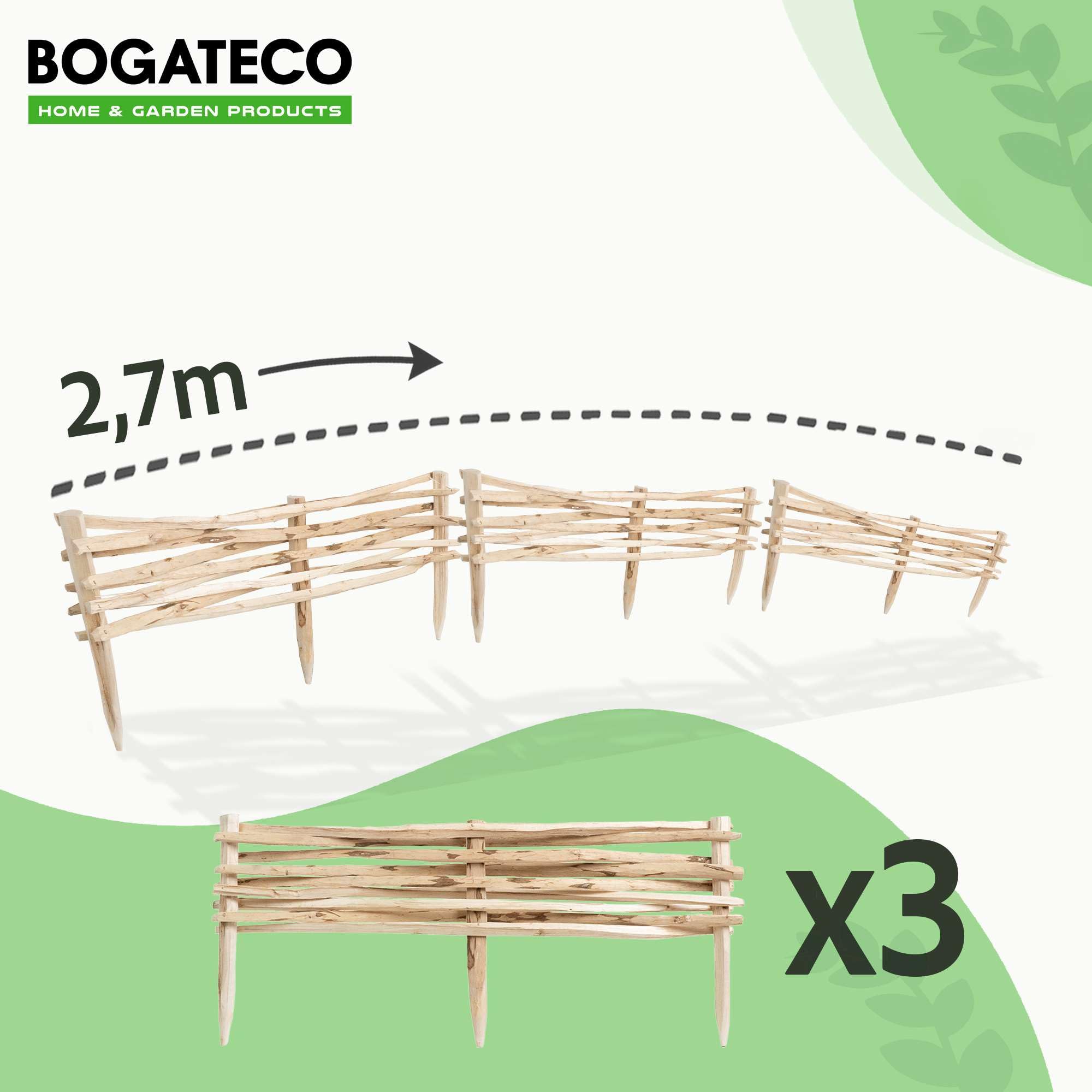 BOGATECO 3 vallas de jardín de madera de avellano, 90 cm x 20 cm, borde de césped, valla de madera, valla de estacas, valla de estacas, cercas para arriates, valla de inserción, perfecta como borde de