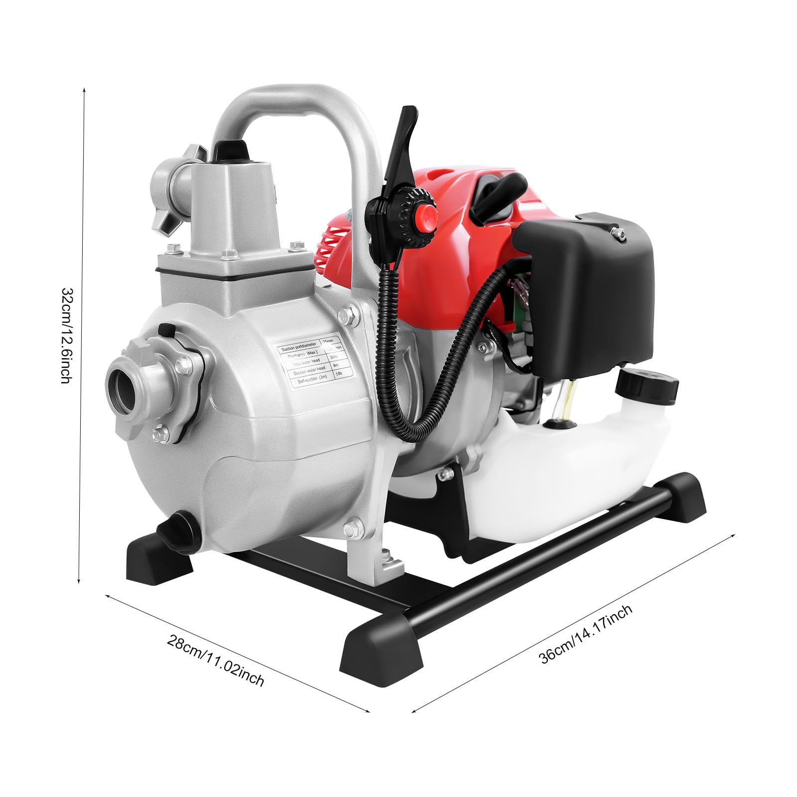 Pompa dell'acqua a benzina da 1,7 CV, 2 tempi, 42,5 cc, pompa da giardino, pompa per acqua sporca, pompa portatile per laghetto, pompa motore a benzina, con attacco da 1 pollice, altezza di erogazione
