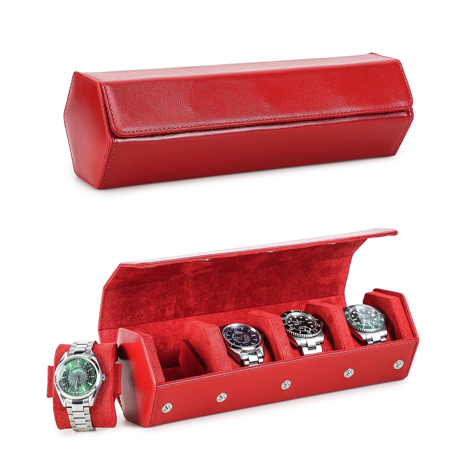 NFBCXUTKW Hiram Hexagon Watch Box Genuine Saffiano Leather Watch Case for 4 Watches, Leather 4-Slot Watches Protective Storage Case Watch Display Organizer for Men (Red)