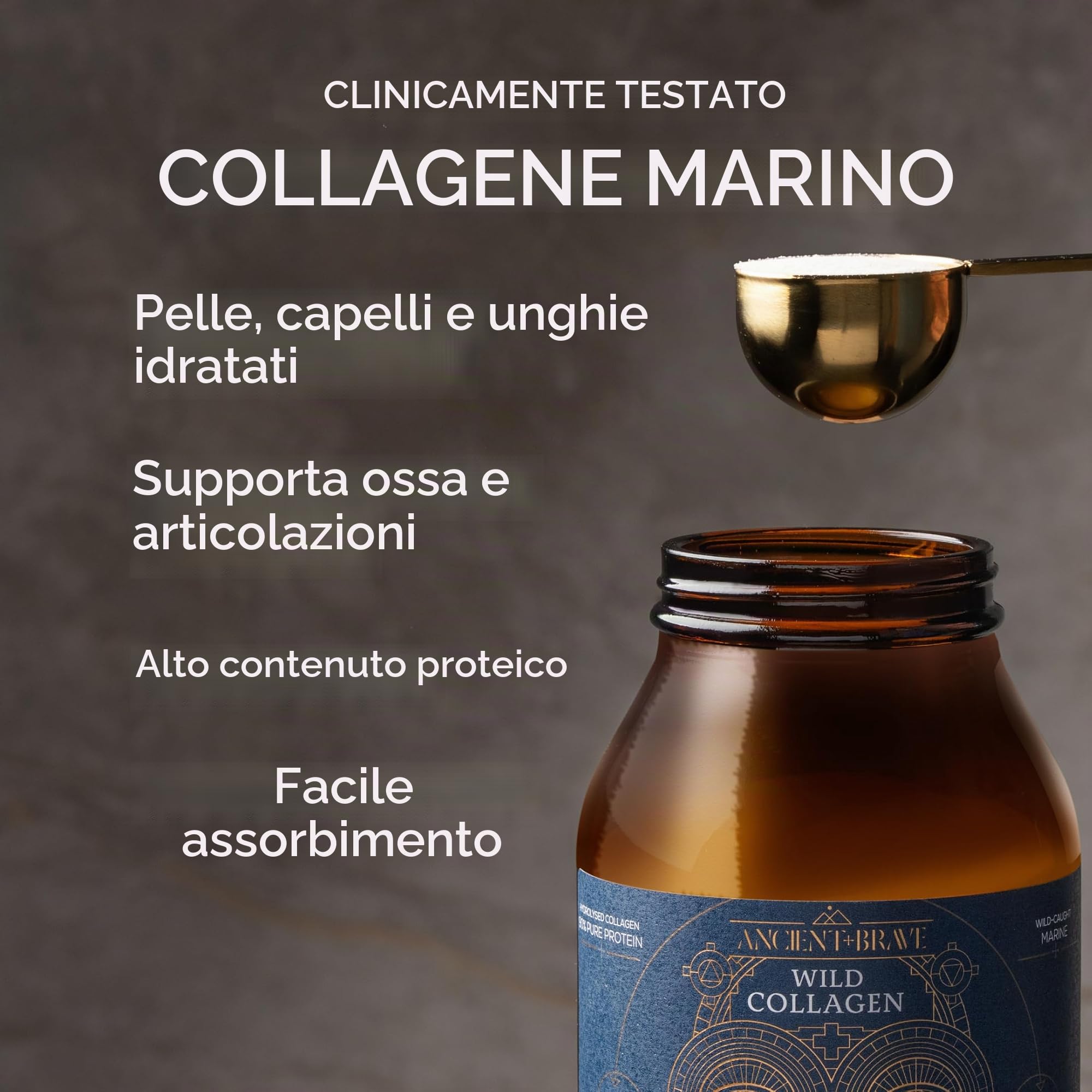 Ancient + Brave Wild Collagen Powder 200g - Integratore di Peptidi di Collagene Marino Puro Idrolizzato - Collagene in Polvere da Pesce ad Alto Contenuto Proteico - Certificato Halal e Kosher