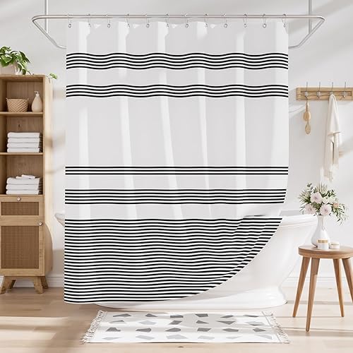 Miniatura 7 de AmazerBath Cortina de ducha de tela negra a rayas con 12 ganchos para cortina de ducha, cortina de ducha de tela rústica en blanco y negro, juego de