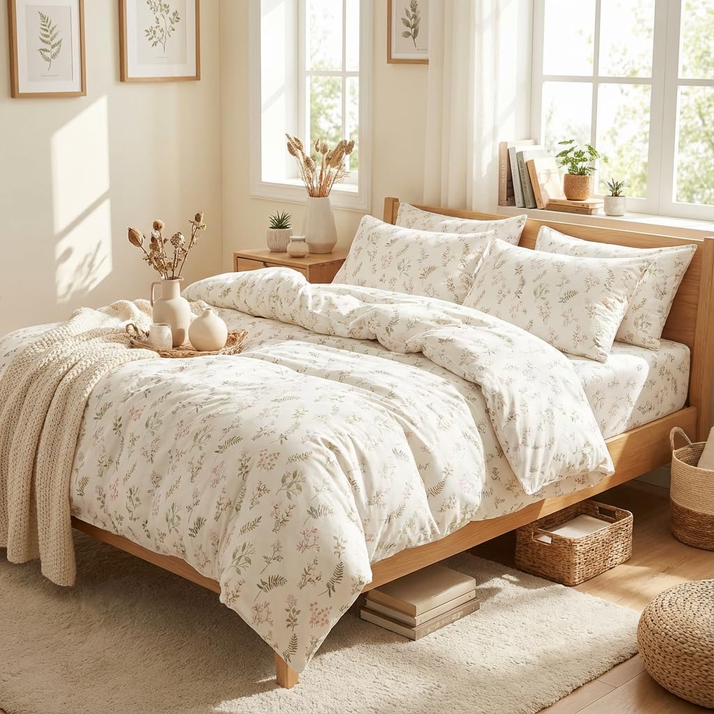 Covebett Duvet Cover Sets King Pink Floral Flowers and Green Leaves Print Microfibre Bedding Set 3pcs Botanical Aesthetic Teen Girls Quilt Cover 220x230 with Zipper Closure and 2 Pillowcase 50x75 cm โ image 1