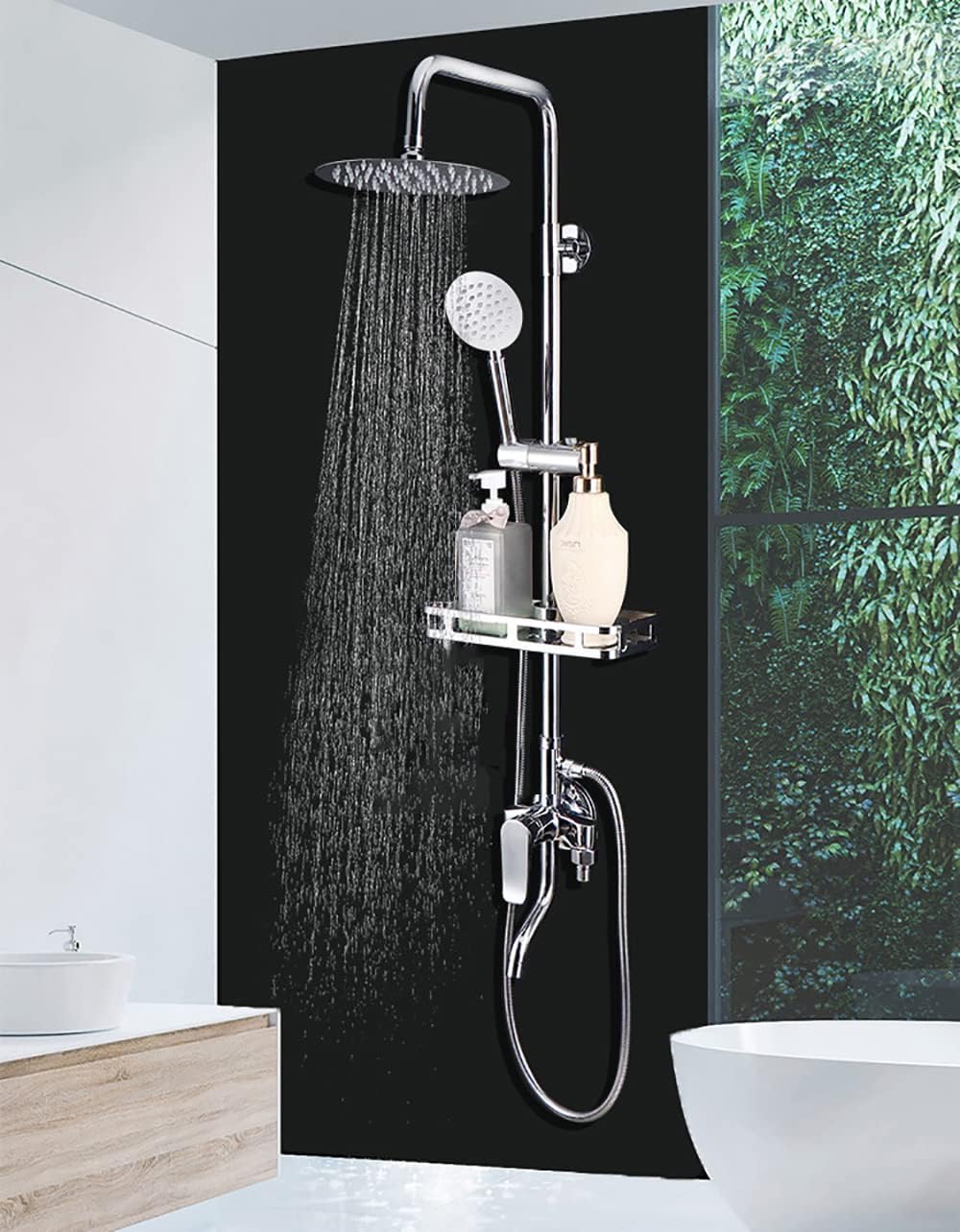 iMeshbean Stainless Steel Silver Shower faucet Set Wall Mount Triple Function Shower System Round Shower Head Bathroom Adjustable Hand Spray Rainfall Stainless Steel Shower Faucet Complete Set