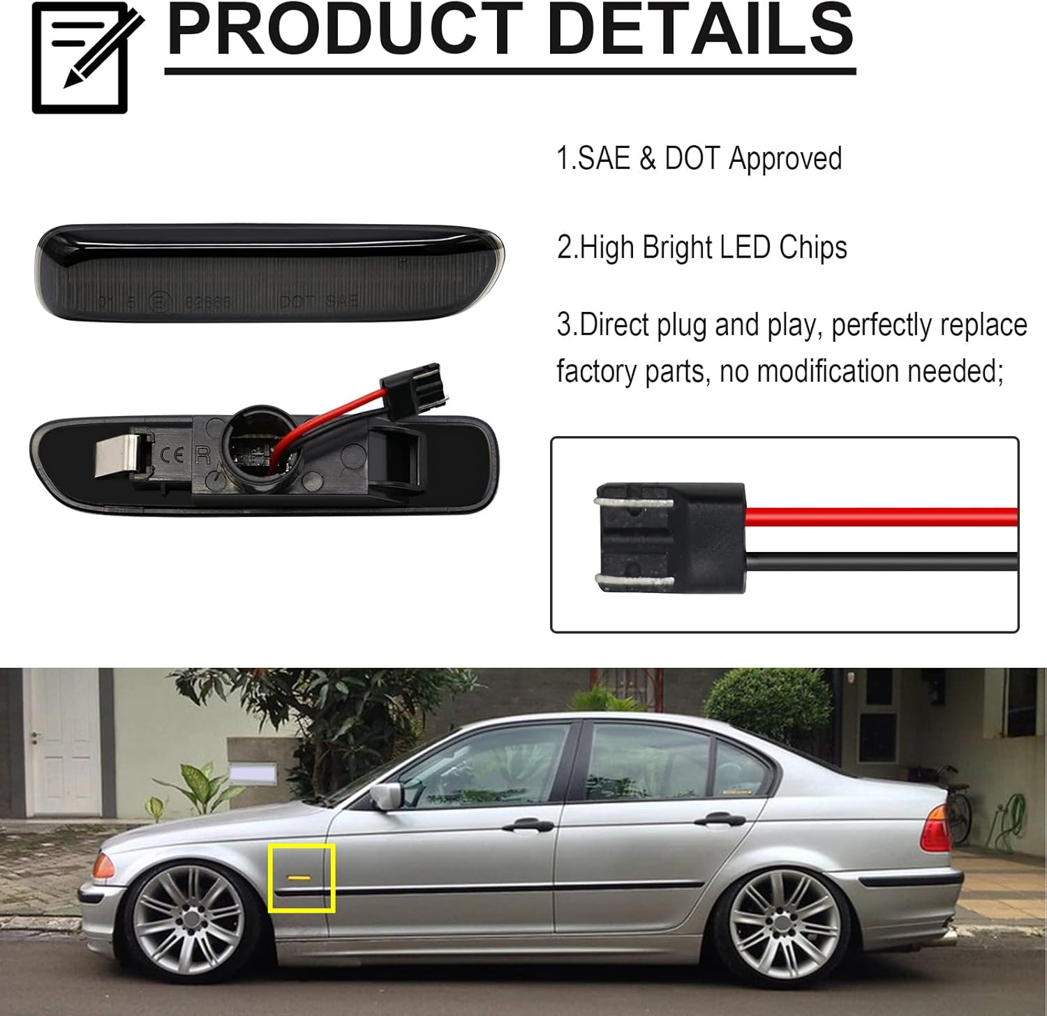 Front LED Sequential Side Marker Lights Replacement for E46 Coupe/Convertible/Sedan/Touring/Compact 1998-2006, 316i, 318i, 320i, 323i, 328i Smoked Lens Flow Side Indicator Dynamic Lamp