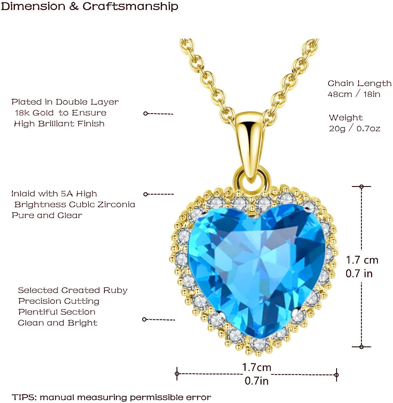 VONSSY Classic Heart Pendant Gemstone Necklace | Crystal Cubic Zirconia Birthstone Ruby Emerald Sapphire Necklace| 18K Platinum Gold Plated Chain | Vintage Meaningful Jewelry Gift for Mother Wife