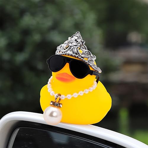 Miniatura 2 de wonuu Decoración de pato para tablero de automóvil, accesorios de goma con collar de perlas, corona, mini anillo de natación y lentes de sol,
