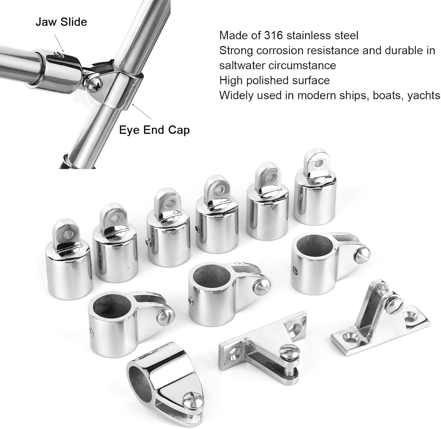 Bimini Top Eye End Fits OD Round Tubing, 12pcs/set 6 Jaw Slide 4 Eye End 2 Deck Hinge 3 Bow Bimini Top Fitting Boat Accessories 22mm (7/8in)