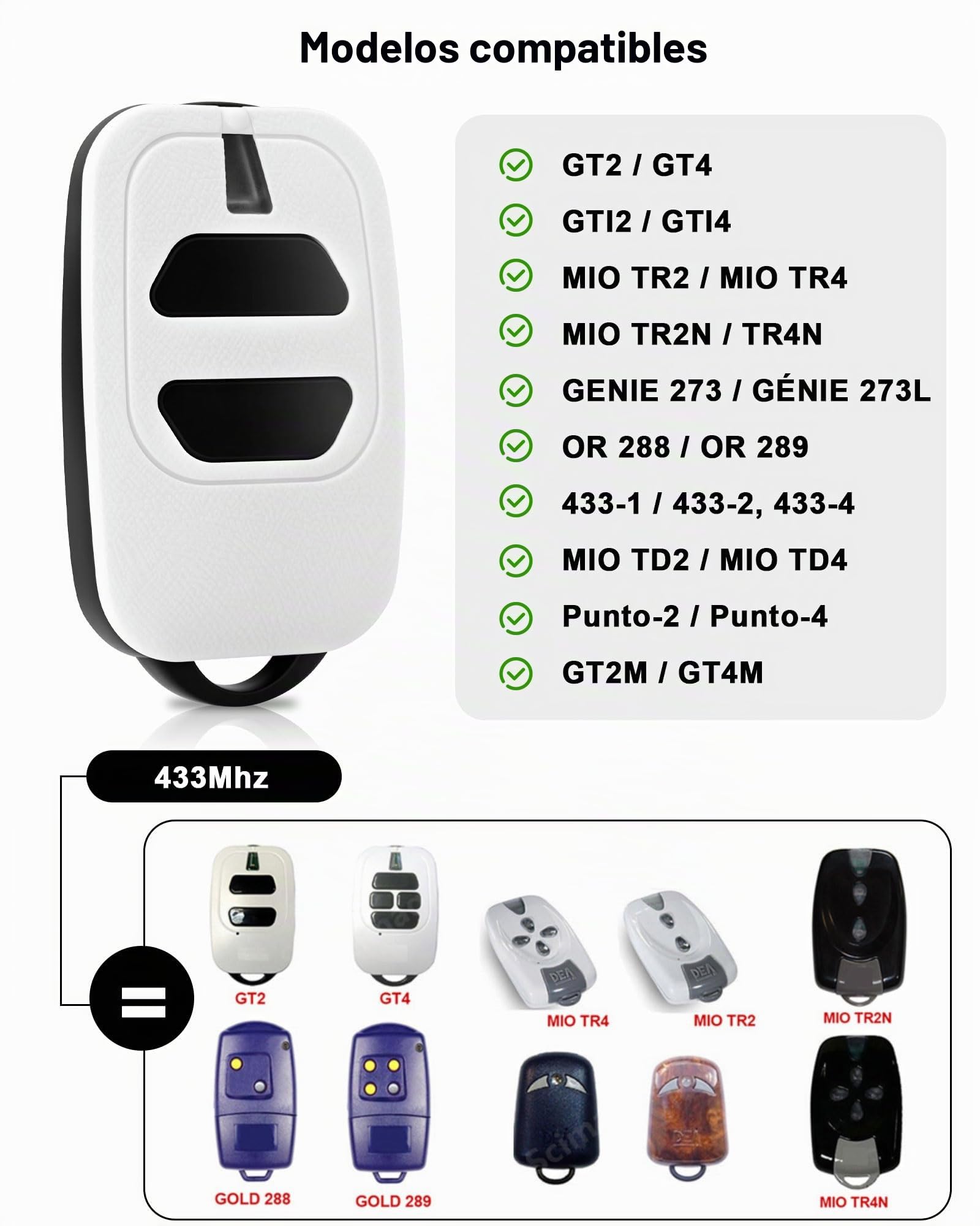 433,92 MHz - Puerta de control remoto para GTI4, GTI2, GT2/4, Mio TR2/4, Mio TR2N/4N, 2 canales, mando a distancia puerta, pitido puerta de garaje (2pcs-2botones)