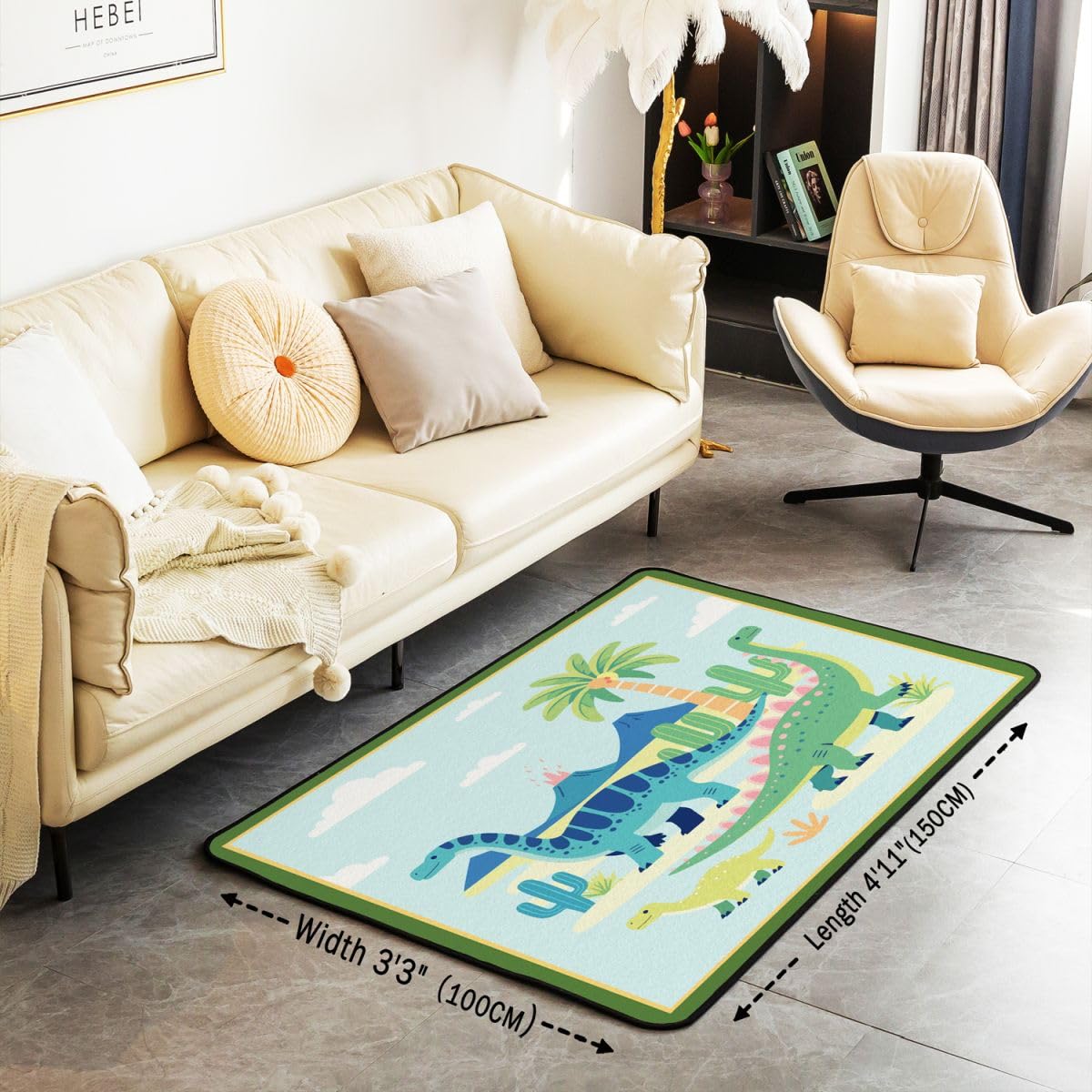 Autotoon Süß Dinosaurier Teppich 100x150cm Wildes Tier Wohnzimmerteppich Dschungel Dino Outdoor Teppich Küchenteppich Super Weich Kurzflor