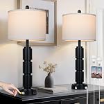 Set of 2 Modern Table Lamps for Living Room Bedroom,29" Tall Bedside Lamp with 2 USB Port,Black Metal Touch Nightstand Lamp for Desk End Side Table Entryway,Black