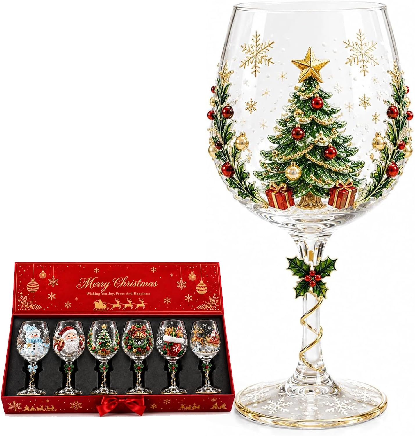 3D Christmas Collectible Stemmed Glass – 6 Festive Designs, Christmas 3D Wine Glass Collection Gift Box Set, Festive Glassware for Wine, Cocktails, Holiday Party & Table Decor (#B)