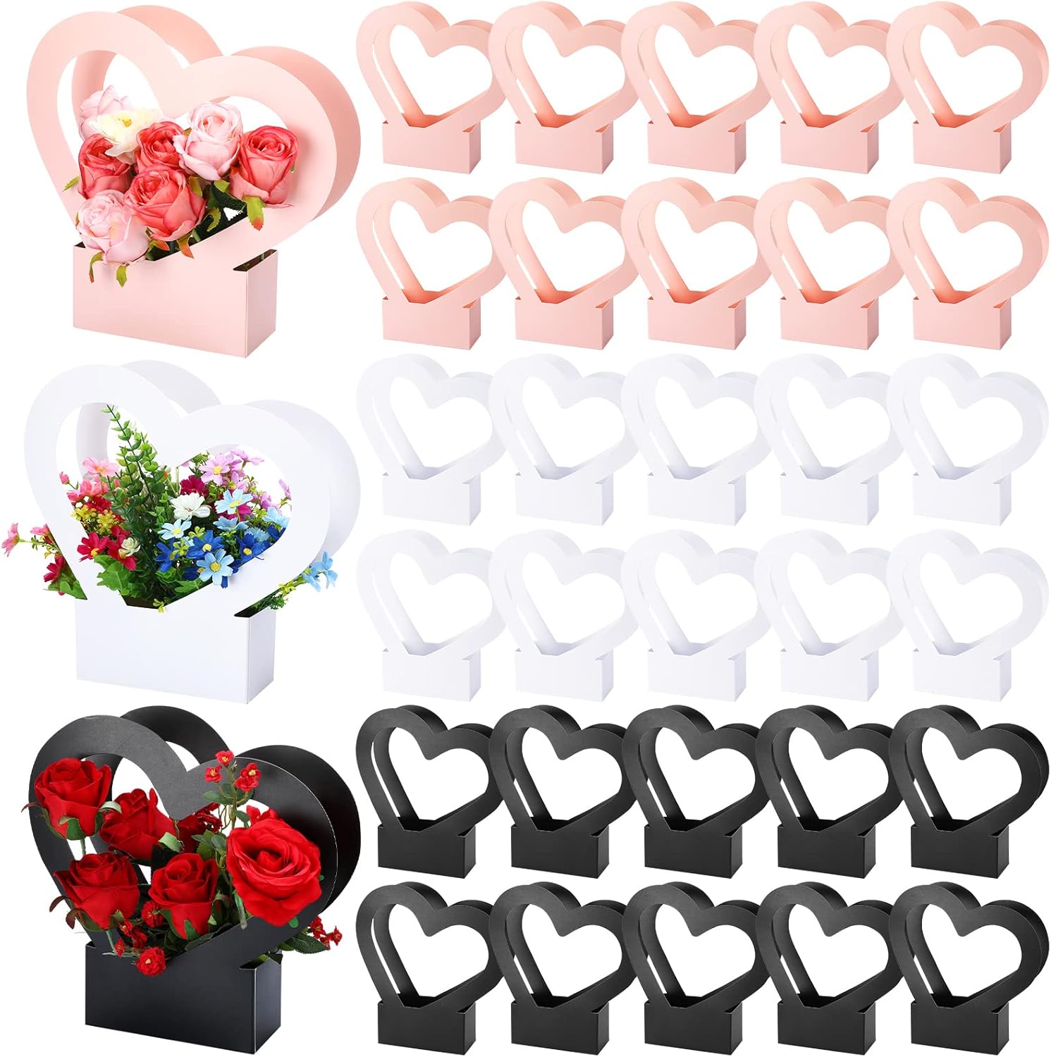 PerKoop 30 Pcs Kraft Paper Flower Box for Arrangement Bouquet Flower Gift Bags with Handle Waterproof Packaging Floral Wrap Wedding Mother's Day Birthday Party, Black, White, Pink(Heart)