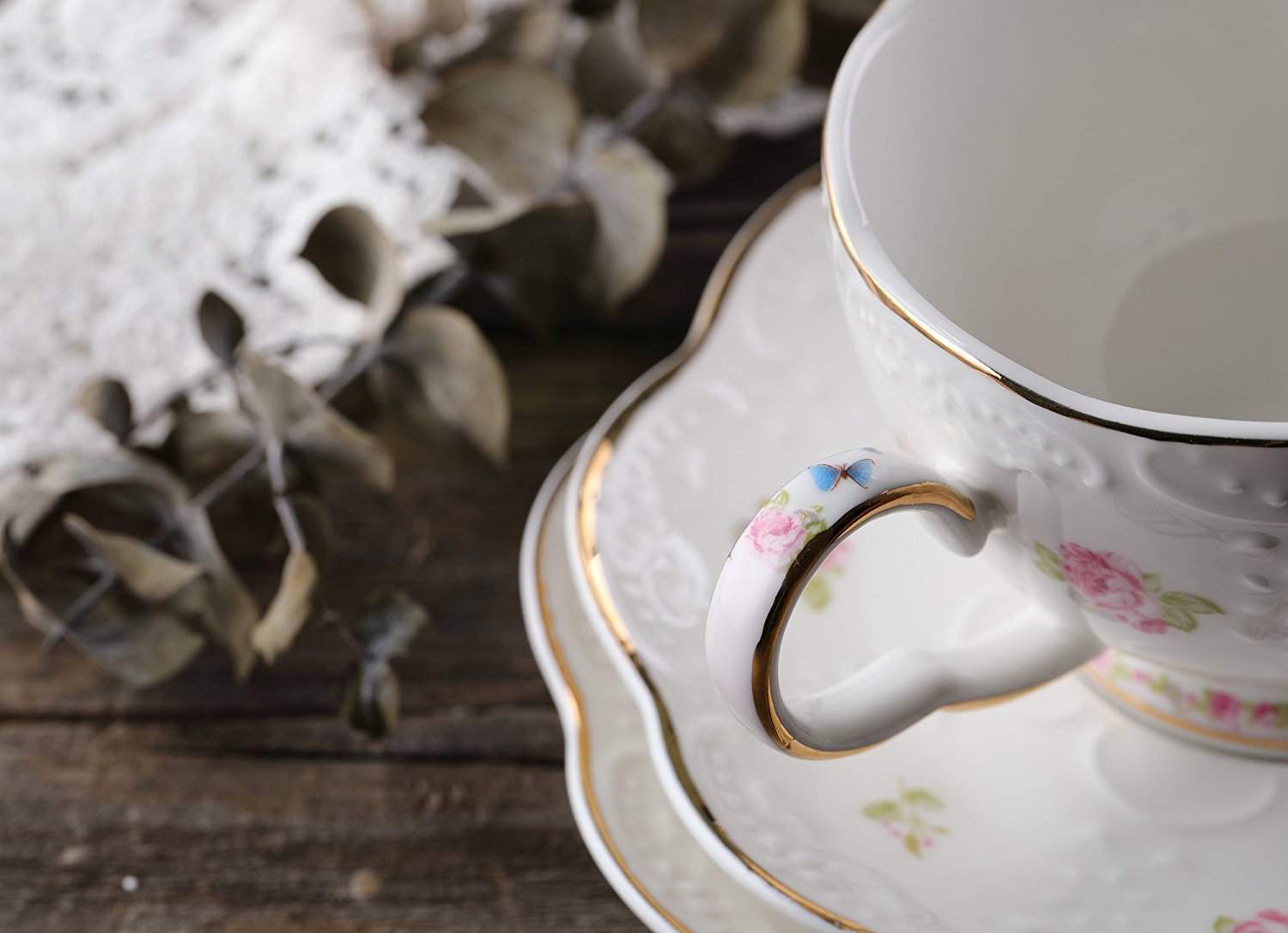 Tee-Set aus Knochenporzellan mit Blumenmuster, für 2 Personen, inklusive Teekanne, Tassen und Untertassen, Stövchen und Teesieb, elegantes Kaffee- und Teeservice, für Teeliebhaber