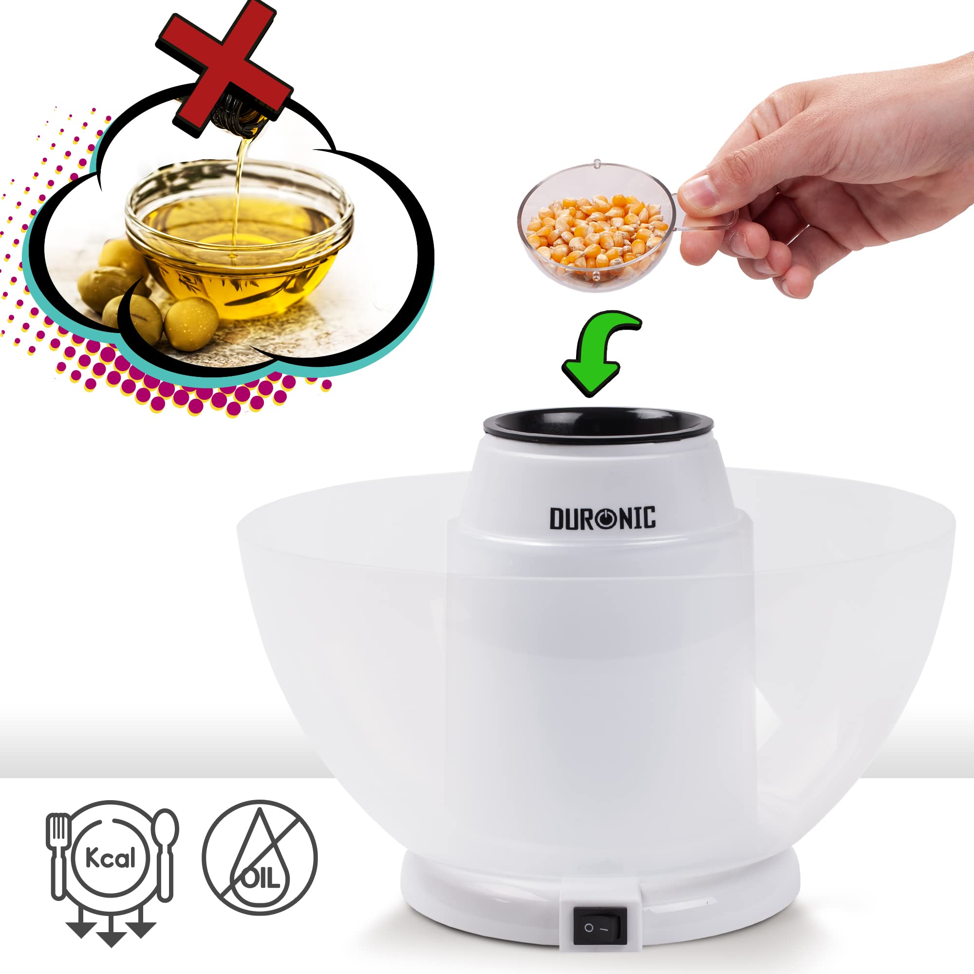 Duronic POP50 WE Máquina de Palomitas | 1200W y Preparación en 3 minutos | Cucharón medidor Sin Aceite Sistema de Cocción de Aire Caliente | Taza medidora y recipiente sin BPA incluido | Palomitero