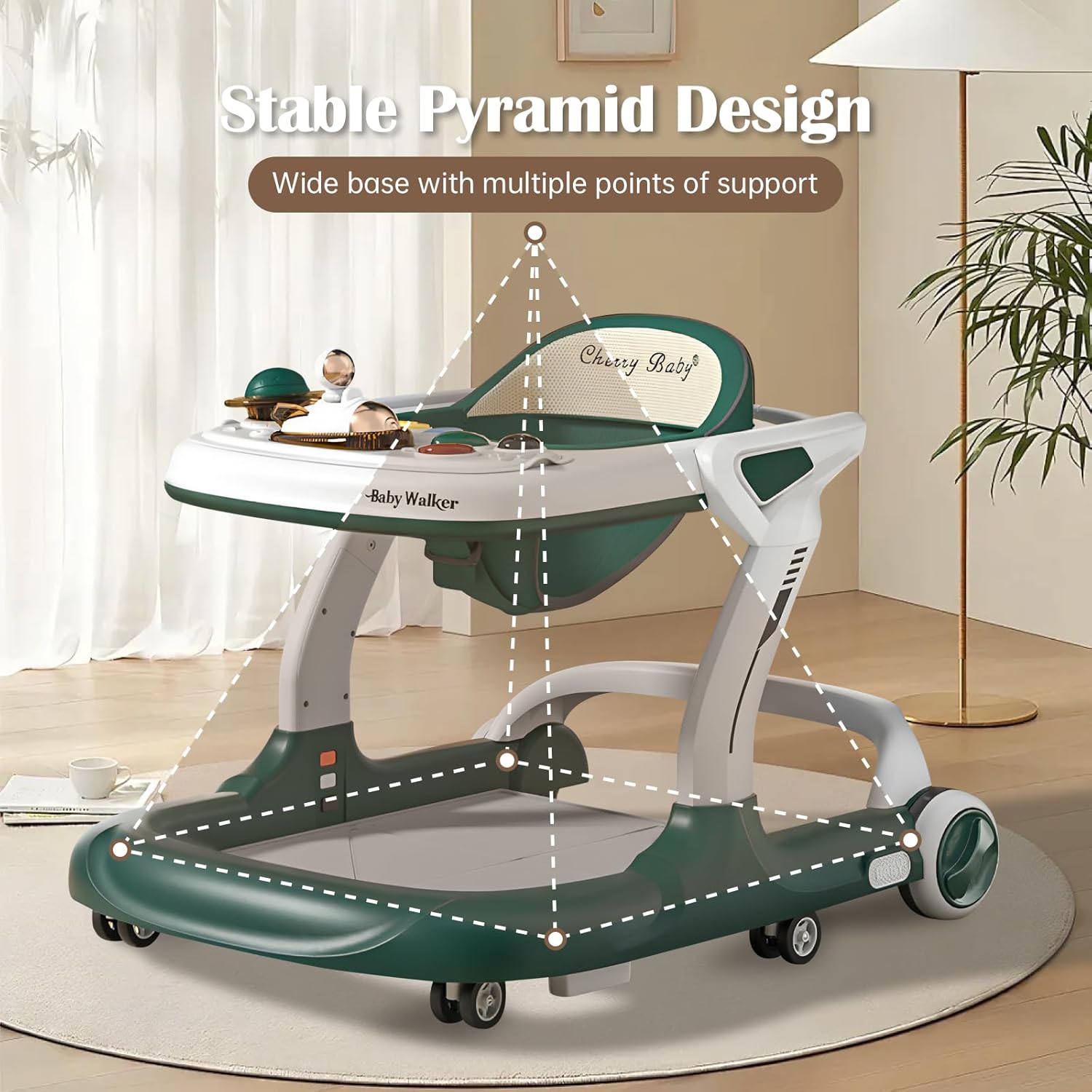 Baby Walker with Wheels Music and Lights with 9 Adjustable Heights Anti-Fall Baby Walker and Bouncer Combo for Boys Girls Babies 6-18 Months (Green and White)