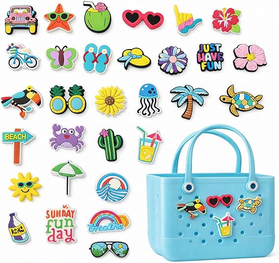 30PCS Charms for Bogg Bag, Hawaii Accessories Flowers Letters Glasses Beach Cute Decoration Bag Charms for Bogg Bag Rubber Tote Beach Bags