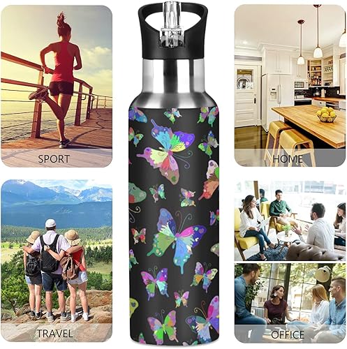 Miniatura 5 de Botella de agua negra de mariposa para niños, botella térmica con tapa con pajilla, termo de acero inoxidable aislado a prueba de fugas para