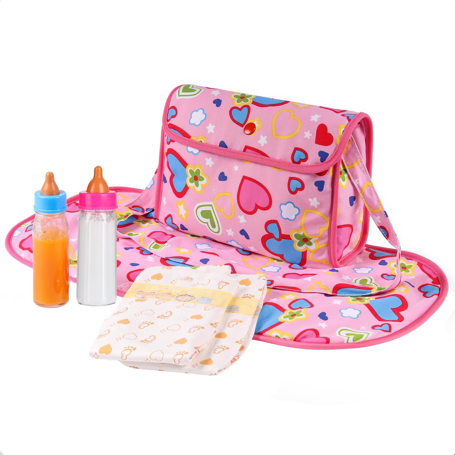 BABESIDE 5 Pcs Baby Diaper Bag Set with Magic Bottles, Baby Accessories Includes Changing Mat, Diapers and Bottle with Disappearing Milk for 17-22 inches Dolls Kids Gift