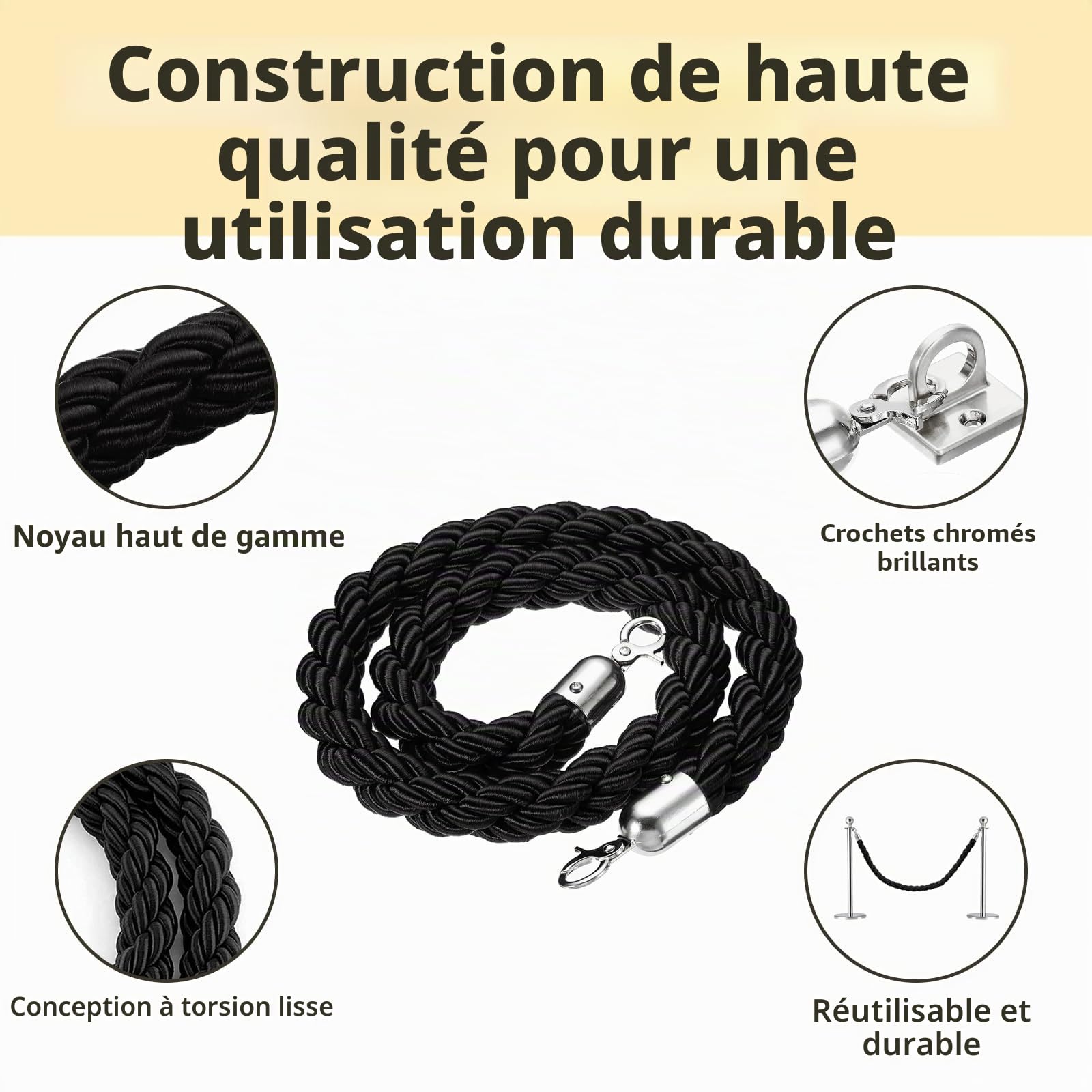 2 Pièces Cordon de délimitation Noir: 1,5m Cordes de Barrière Noir | avec Crochet, pour les hôtels, Centre Commercial, Bibliothèque, Musée, Système de Guidage des Personnes