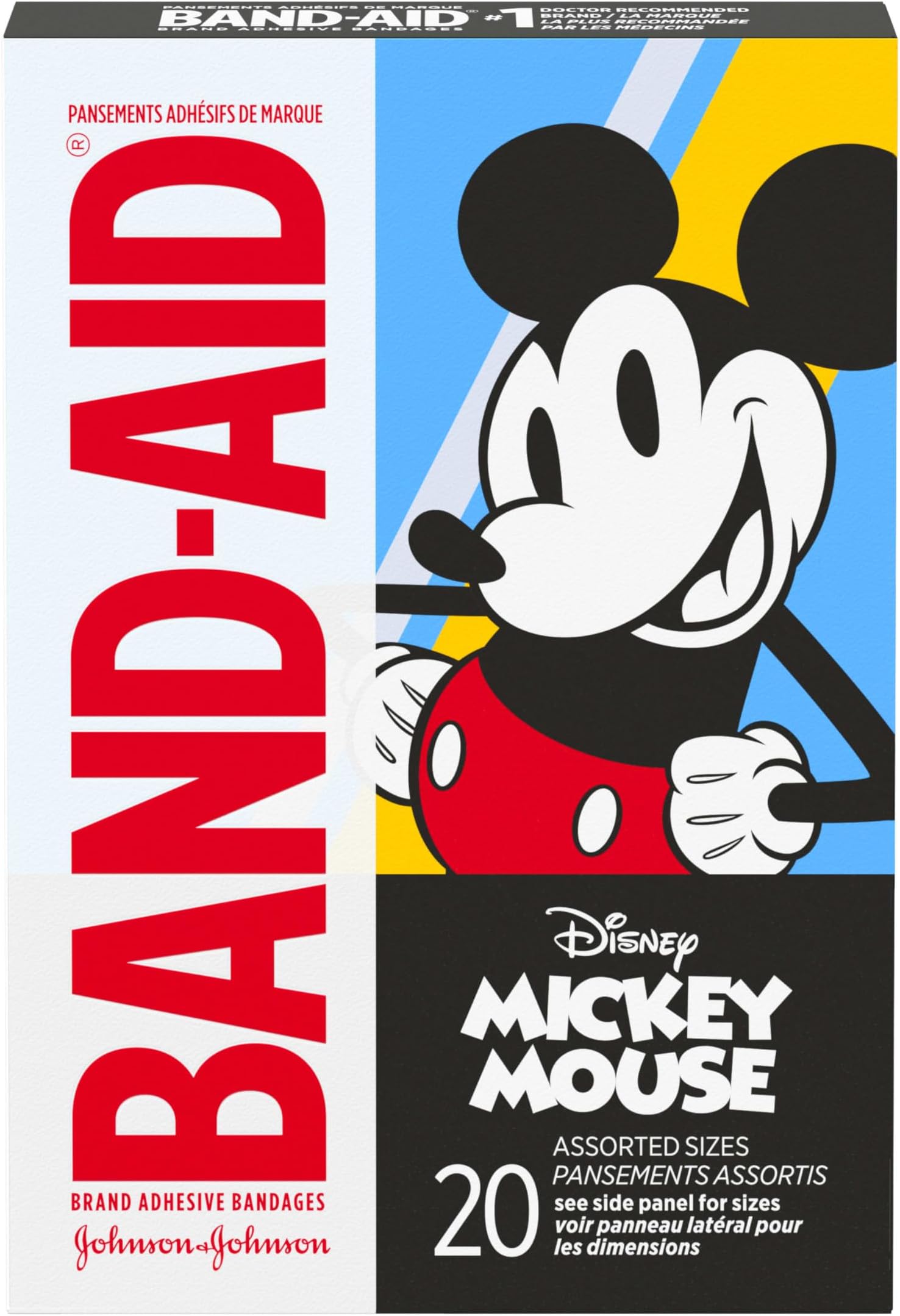 Brand Adhesive Bandages for Minor Cuts & Scrapes, Wound Care Featuring Disney's Mickey Mouse, Fun Bandages for Kids and Toddlers, Assorted Sizes, 20 Count