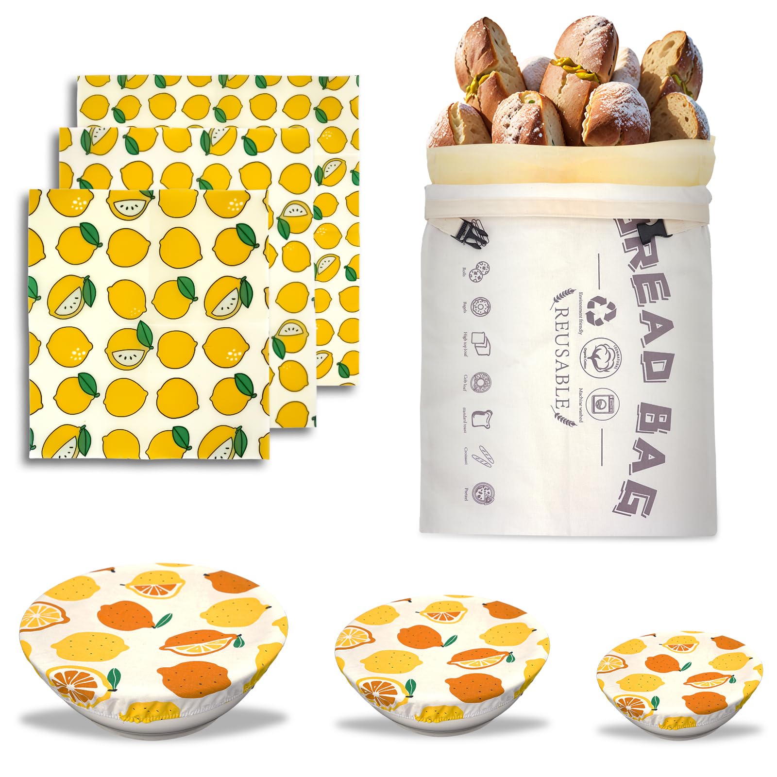 HMAZAE Beeswax Bread Bags for Sourdough/Beeswax Wraps for Food/Bowl Covers for Proofing, 7-in-1 Reusable Sourdough Starter Kit Baking Supplies for