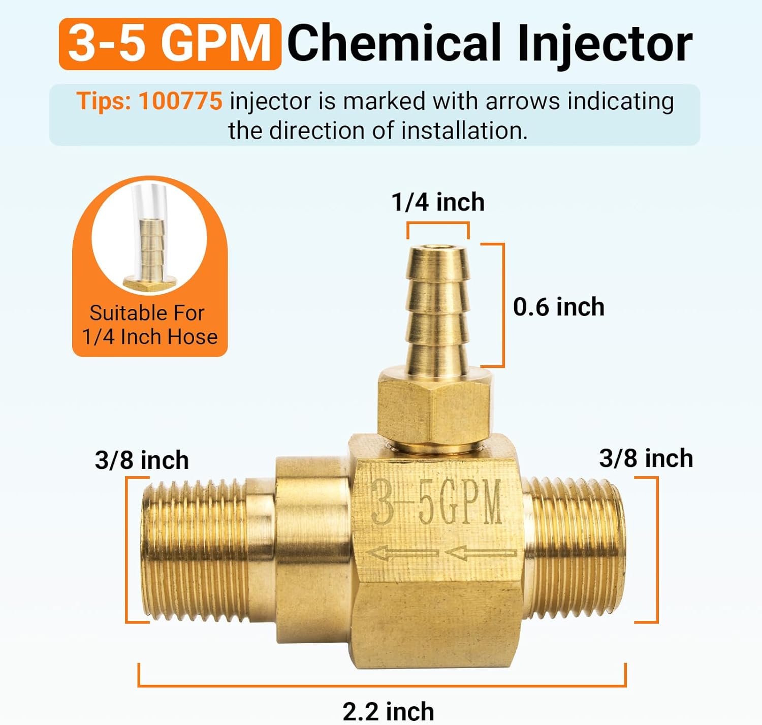 3-5 Gpm Chemical Injector 100775 for General Pump Pressure Washer, 2.1 mm Orifice Power Washer Downstream Injector, High Draw Soap Injector - 4500 PSI, 3/8" NPT-M Quick Connect (2 PCS)